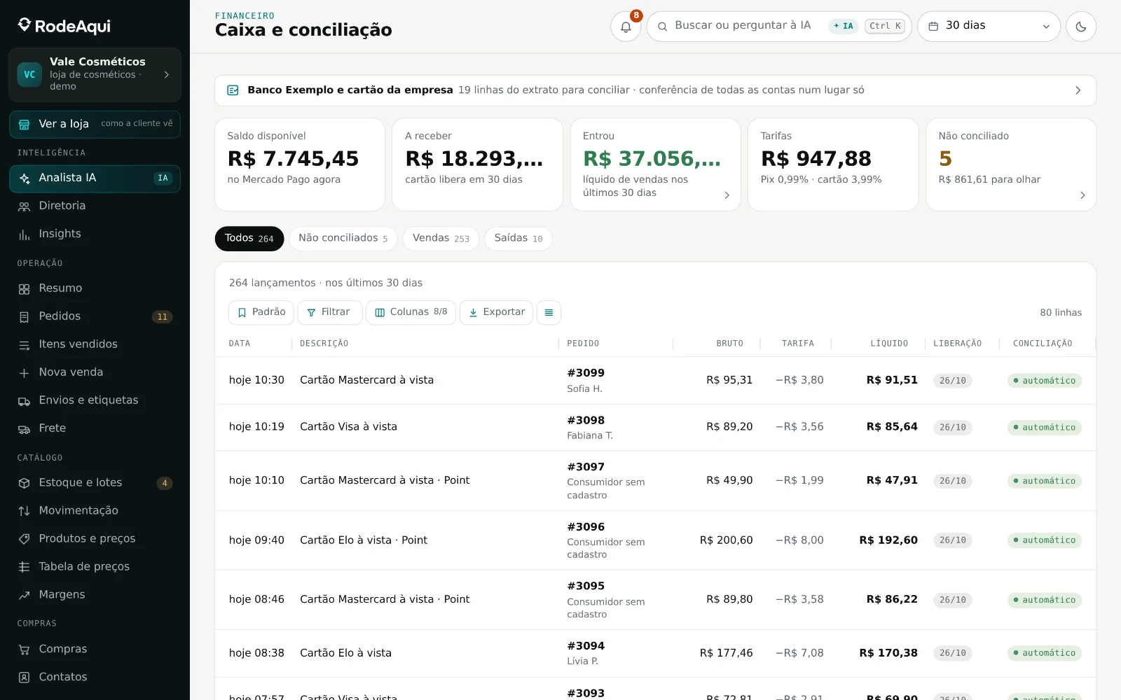 Tela Caixa e conciliação da demonstração: saldo, valores a receber e os lançamentos do extrato conferidos com os pedidos.